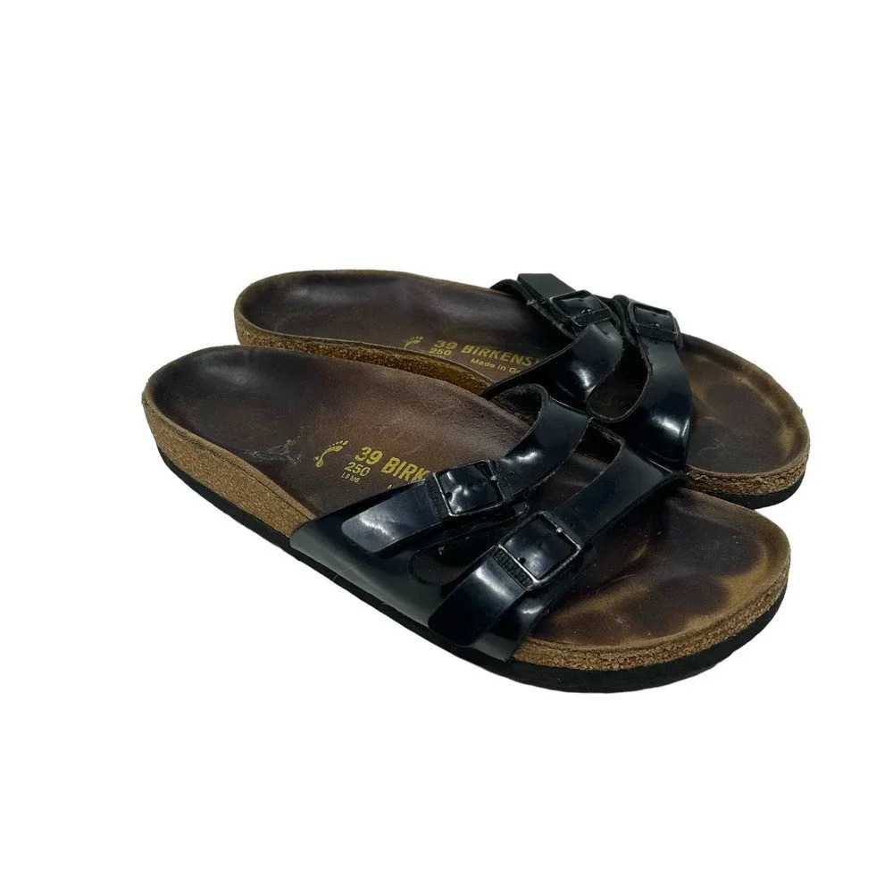 Birkenstock Ibiza Birko-Flor‎ Slide Sandals Black Patent Size 39 US 8 - 8.5